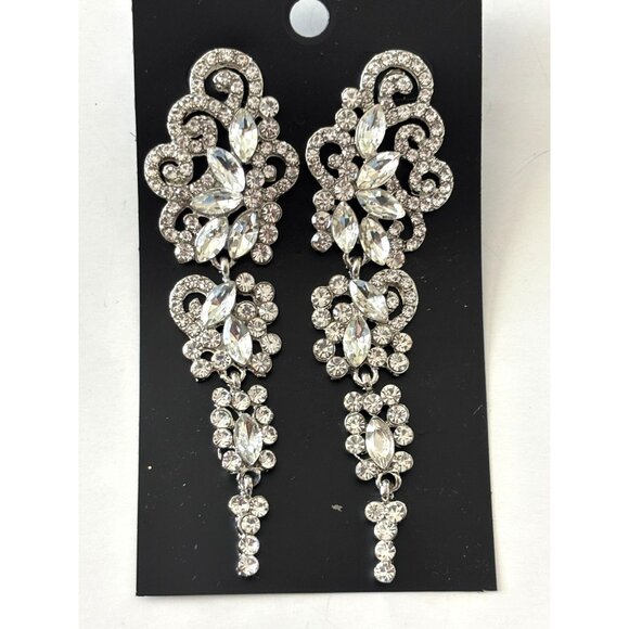 Crystal Rhinestone Statement Dangle Earrings For Women Silver-Tone Elegant Desig - Picture 2 of 3